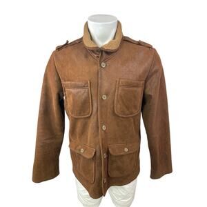 Koto Brown Suede Leather Button Long Sleeve Safari Field Utility Coat Jacket L